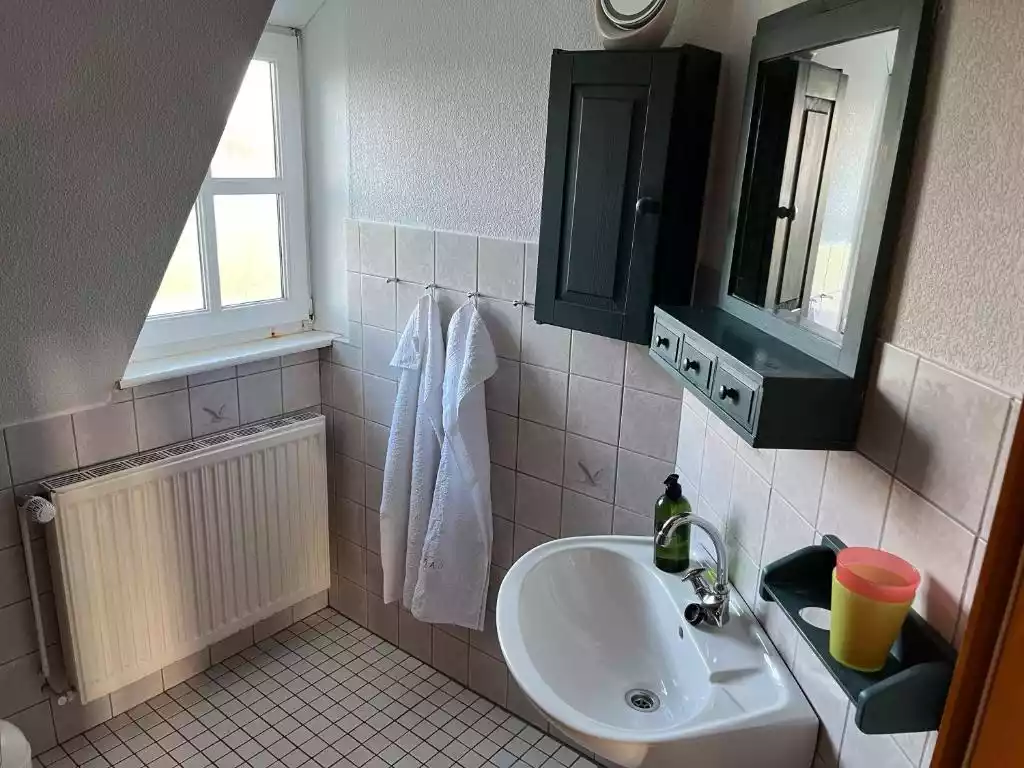 Badezimmer im Appartement mit Waschbecken und Fenster