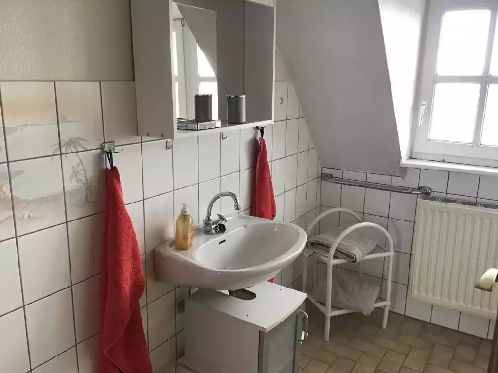 Badezimmer mit Waschbecken, Fenster und Fliesen